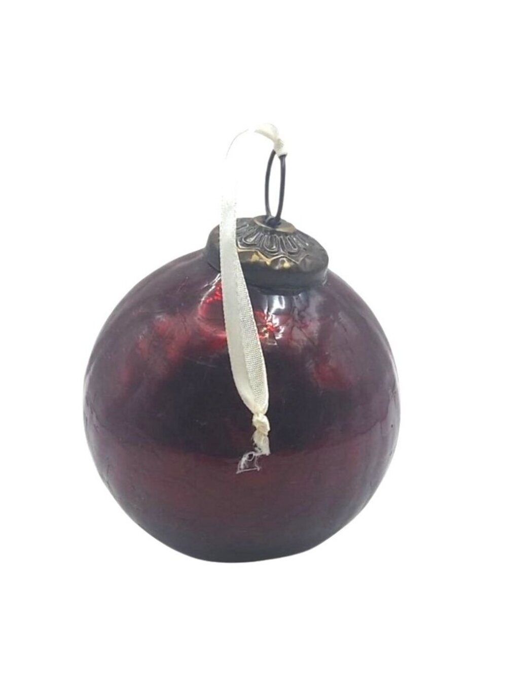 Kugel Crackle Glass Ball Ornament Hand Blown Deep Red Christmas Vintage Holiday